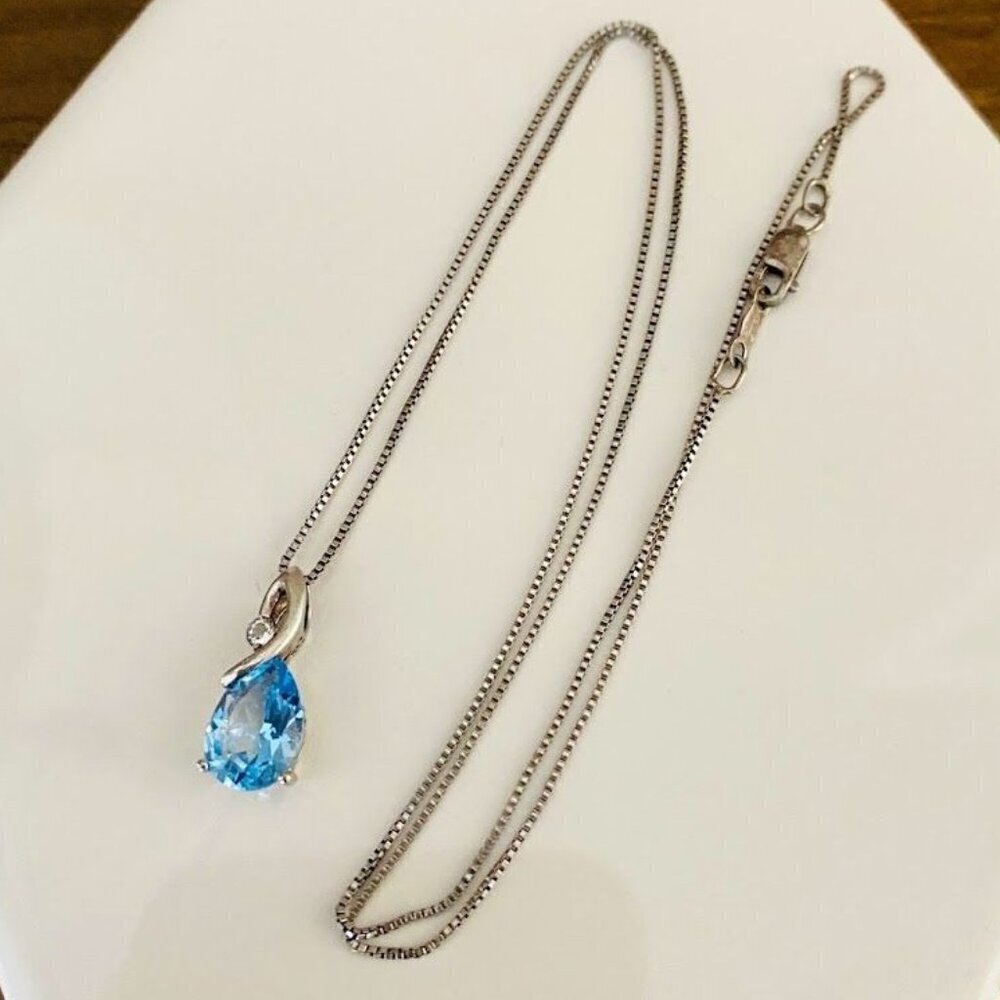925 Silver Aquamarine and Diamond Pendant Necklace